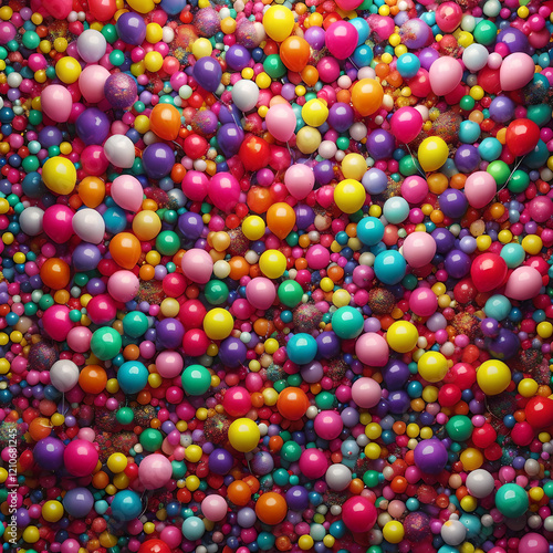 Muchas pelotas y globos coloridos acumulados llenan la imagen en una divertida textura. photo