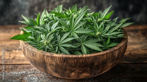 stacked green cannabis leaves on a smooth, light-colored table.