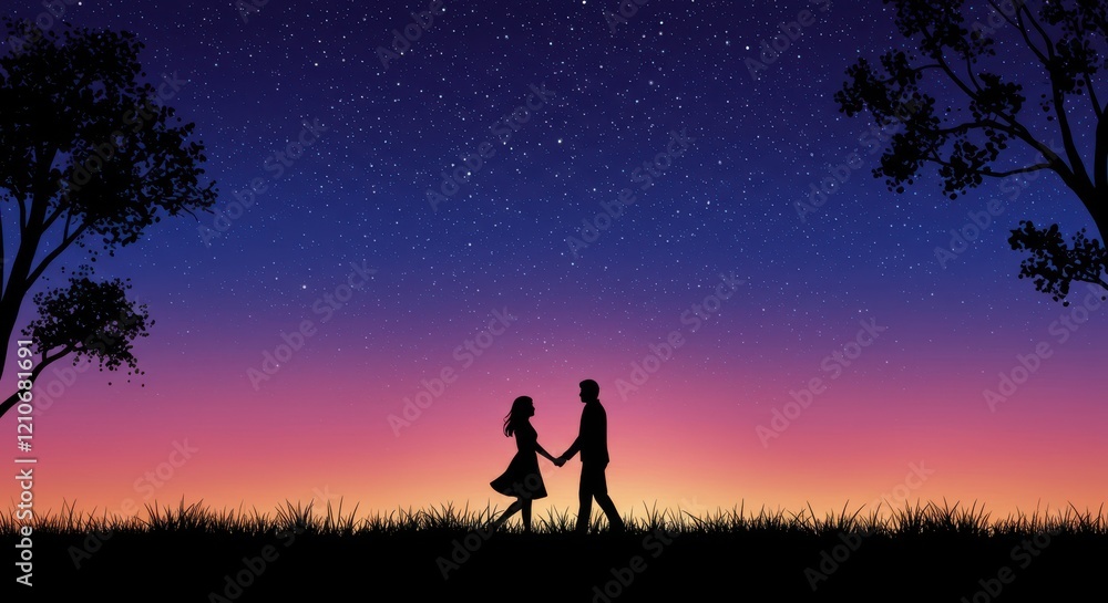A silhouette like figure of a love couple walking hand in hand in a field a romantic scene against a twilight sky is adorned with numerous stars valentine's day couple A silhouette like figure of a love couple walking hand in hand in a field a romantic scene against a twilight sky is adorned with numerous stars valentine's day couple