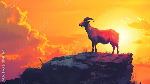 Goat greatest of all time concept. a proud goat standing on a rocky ledge against a vibrant sunset backdrop. Shadow Ridge. Illustration photo