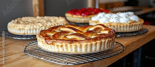 A display of pies on a wooden counter. photo