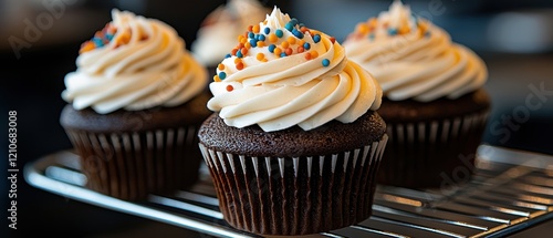 Cupcake with white frosting and colorful sprinkles. photo