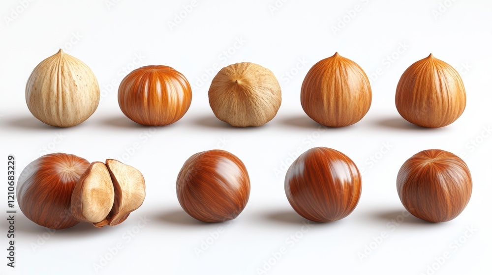 Varieties of Hazelnuts on a White Background for Culinary Use Varieties of Hazelnuts on a White Background for Culinary Use