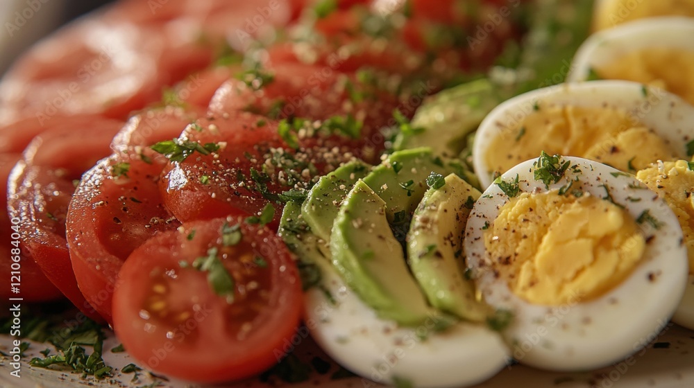 Fresh Sliced Tomatoes and Avocado with Boiled Eggs on Plate Fresh Sliced Tomatoes and Avocado with Boiled Eggs on Plate