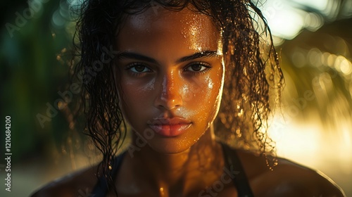 Young Woman with Wet Skin and Curly Hair in Tropical Setting photo