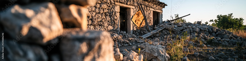 Fototapeta premium Partially Collapsed Stone Structure and Debris Field
