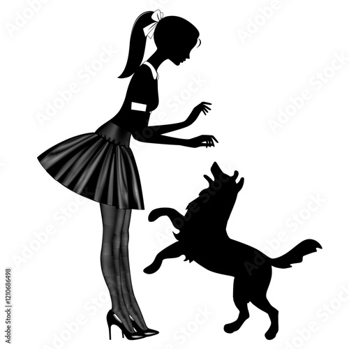 A standing girl in short skirts and transparent tights play with a black dog isolated on white background. Vintage black and white engraving stylized 
drawing. Vector illustration 