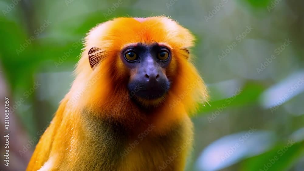 Golden Monkey on a Tree Branch in Its Natural Habitat Surrounded by Lush Greenery Golden Monkey on a Tree Branch in Its Natural Habitat Surrounded by Lush Greenery