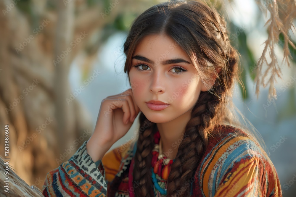 Portrait of a beautiful young woman with long braided hair and traditional ethnic clothing posing in a natural setting Portrait of a beautiful young woman with long braided hair and traditional ethnic clothing posing in a natural setting