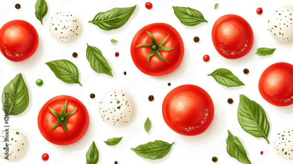 Fresh Tomatoes and Basil Leaves with Cheese Balls on White Background Fresh Tomatoes and Basil Leaves with Cheese Balls on White Background