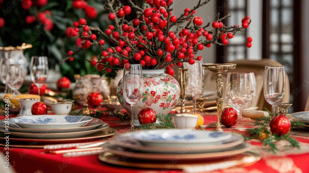 Naklejka premium Elegant Festive Table Setting with Red Flowers and Christmas Decor