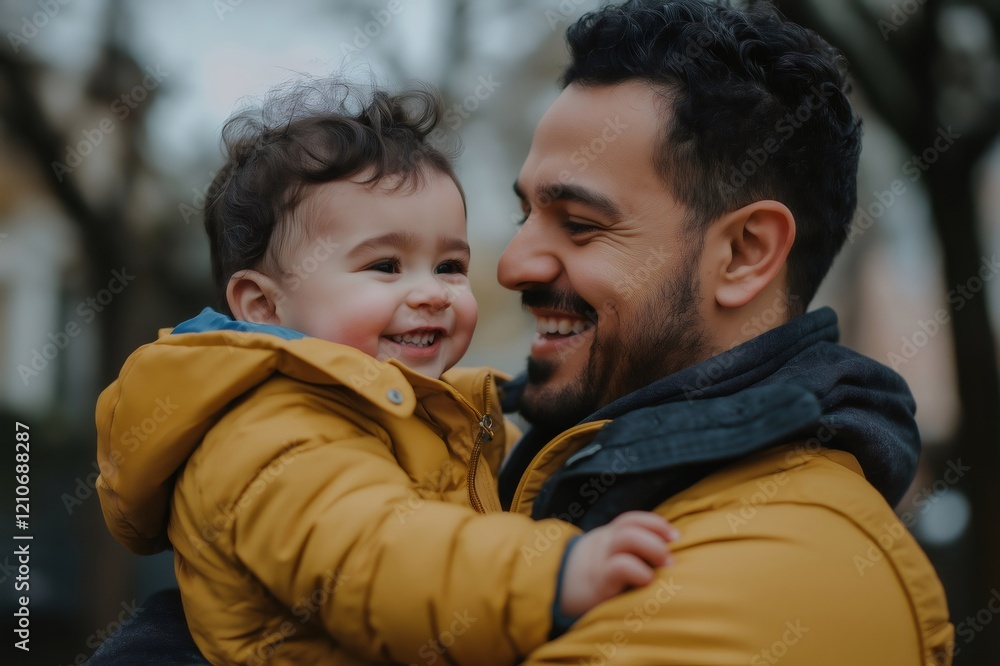 Happy father holding and smiling at his baby son in a bright yellow jacket, enjoying a joyful moment together in a park setting
