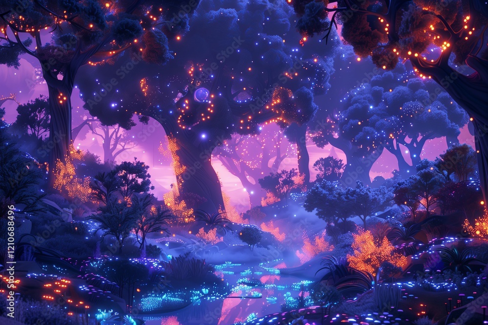 Obraz premium A magical forest illuminated by vibrant colors and enchanting light, offering serenity.
