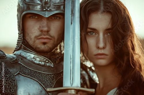 Portrait of a medieval knight and a woman holding a sword together, creating a powerful and captivating image photo