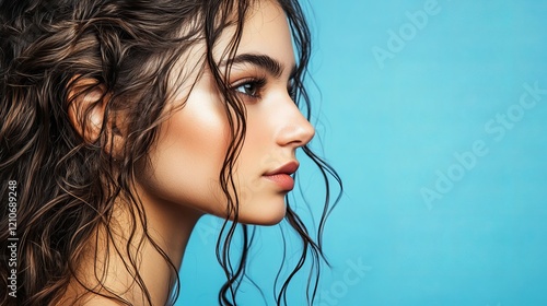 A young woman with long, wavy hair and bare shoulders looks alluringly away from the camera.  The background is blue. photo