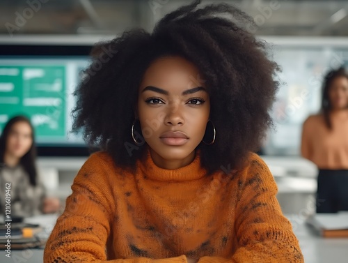 Confident Black woman in orange sweater. photo