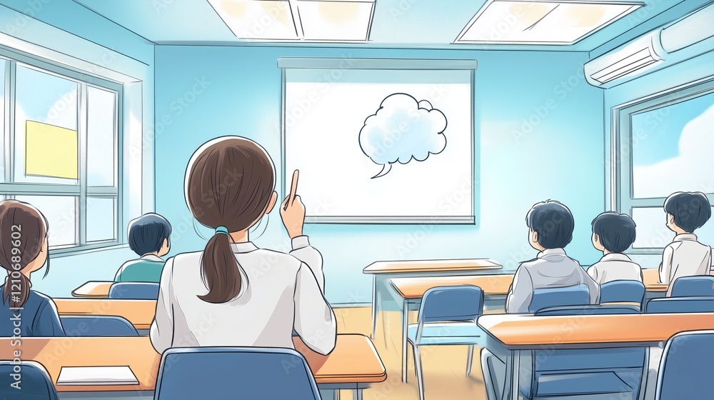 A classroom filled with students attentively watching their teacher. A child raises a hand to contribute, while a cloud graphic is displayed on the whiteboard, encouraging discussion. A classroom filled with students attentively watching their teacher. A child raises a hand to contribute, while a cloud graphic is displayed on the whiteboard, encouraging discussion.