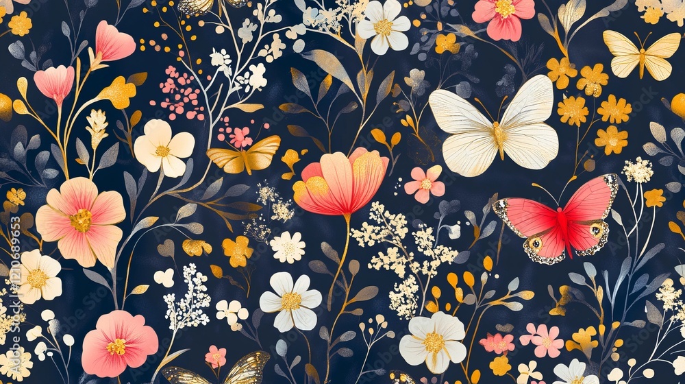 Adorable wildflowers, butterflies, and dragonflies are printed on a seamless pattern with a navy blue background and gold foil. This floral pattern is great for fabrics, paper, and wallpaper. Adorable wildflowers, butterflies, and dragonflies are printed on a seamless pattern with a navy blue background and gold foil. This floral pattern is great for fabrics, paper, and wallpaper.