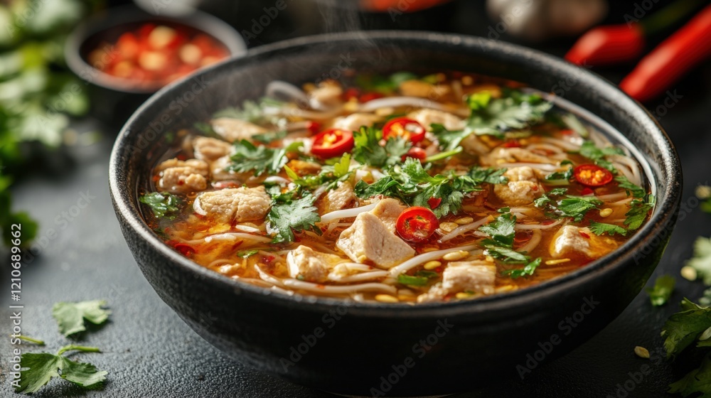 Delicious Hot Soup Served in a Black Bowl Garnished With Fresh Herbs and Sliced Chili Peppers, Perfect for a Cozy Meal at Home. Generative AI Delicious Hot Soup Served in a Black Bowl Garnished With Fresh Herbs and Sliced Chili Peppers, Perfect for a Cozy Meal at Home. Generative AI