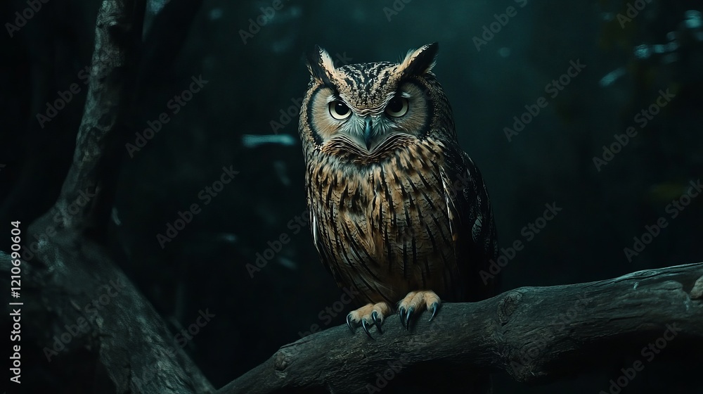 An owl sits on a branch in the darkness. Its large eyes shine brightly. An owl sits on a branch in the darkness. Its large eyes shine brightly.