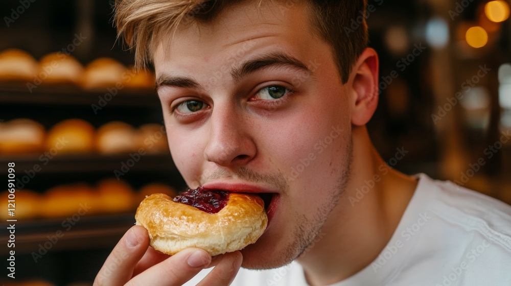 A man is eating a doughnut with jelly. The doughnut is in his mouth and he is smiling A man is eating a doughnut with jelly. The doughnut is in his mouth and he is smiling