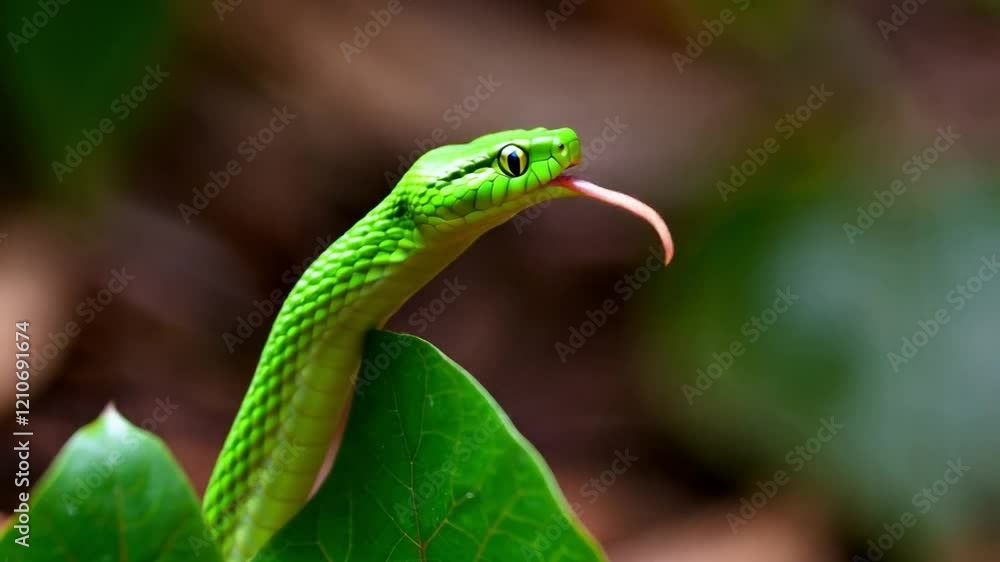 Green Snake Slithers Through Lush Foliage in Vibrant Rainforest Habitat Green Snake Slithers Through Lush Foliage in Vibrant Rainforest Habitat