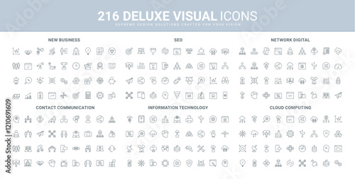 Information technology, new business startup development and SEO ideas, cloud computing line icon set. Digital network protection and activation settings thin black outline symbols vector illustration