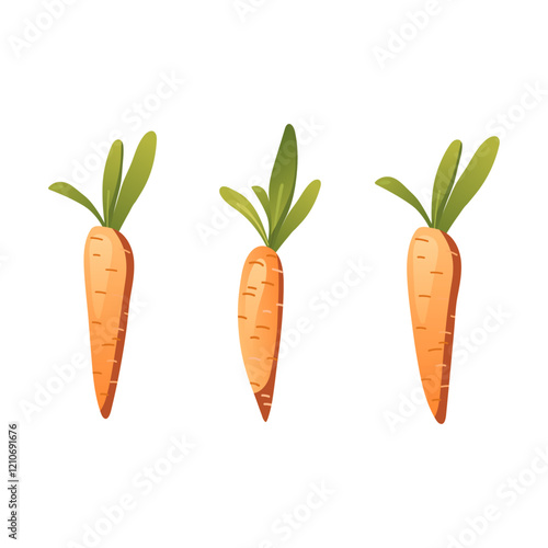 Set of three hand drawn vector carrots in flat style. Illustration in cartoon stylisation. Collection of isolated fresh colourful vegetables