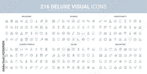 World religions, calendar of fasting and holiday in Islam, Christianity church and holy Bible line icon set. School education, science research and idea thin black outline symbols vector illustration