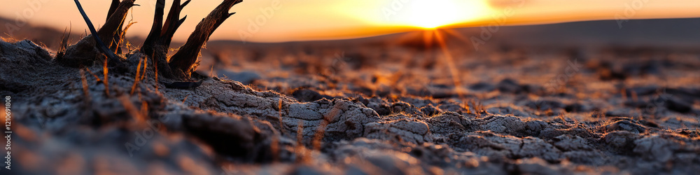 Sunset Over Arid Landscape with Dead Plant Remains Sunset Over Arid Landscape with Dead Plant Remains