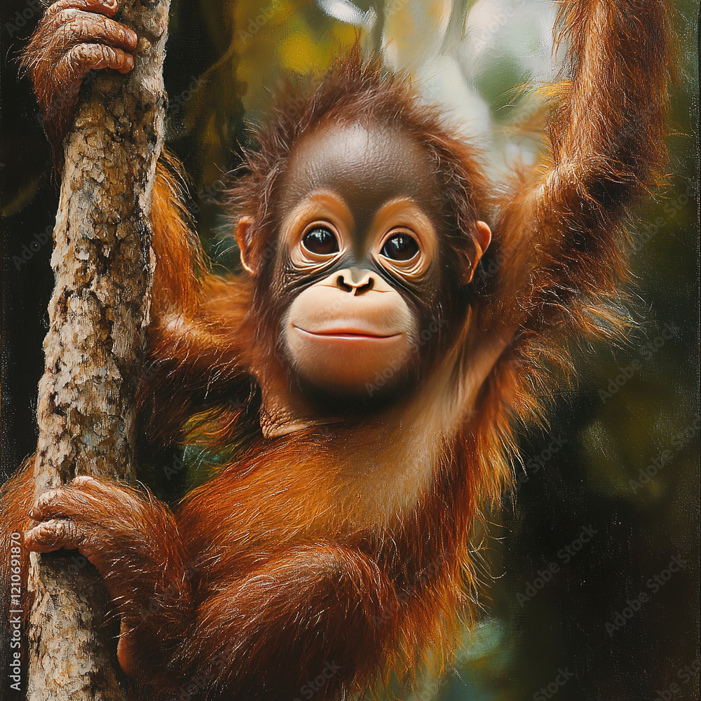 Obraz premium A baby orangutan hanging from a tree branch, its arms long and flexible