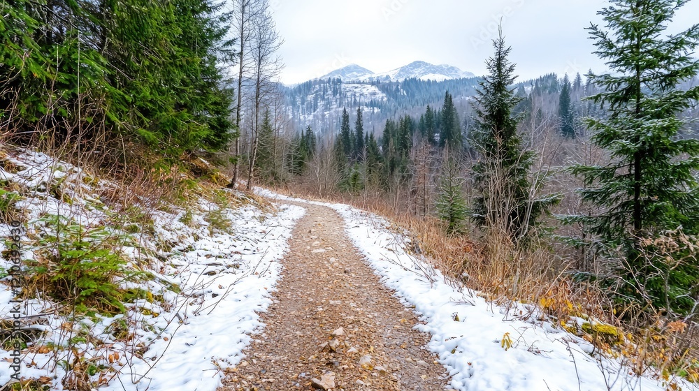 Snowy mountain trail winding through winter forest Snowy mountain trail winding through winter forest
