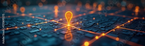 Digital map shows tech innovation in delivery, transport logistics. AI tech pins highlight routes on circuit board style map. Future transport, urban planning, logistics, delivery services