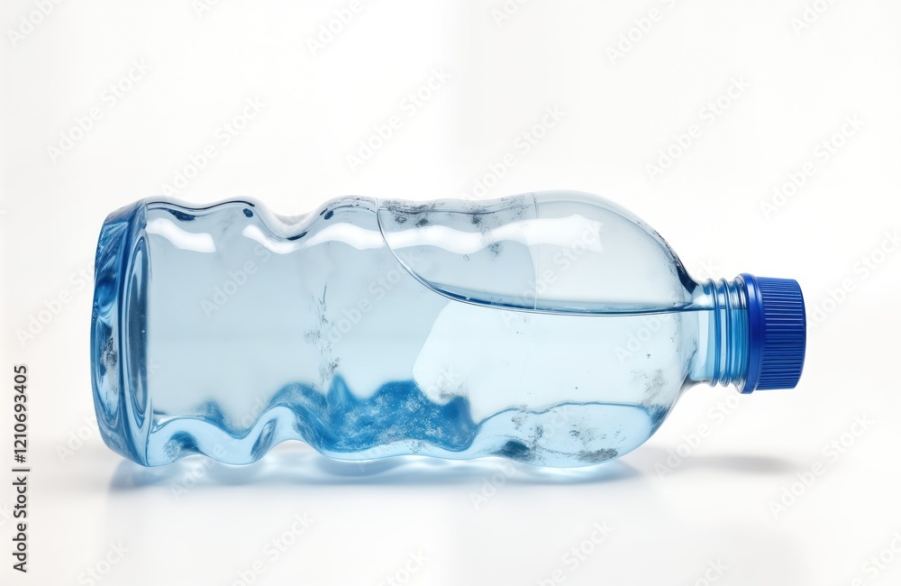 Light blue crumpled plastic water bottle lies on plain white background. Filled with clear water. Bottle isolated. Image highlights problem of plastic waste, pollution. Used to advocate for Light blue crumpled plastic water bottle lies on plain white background. Filled with clear water. Bottle isolated. Image highlights problem of plastic waste, pollution. Used to advocate for