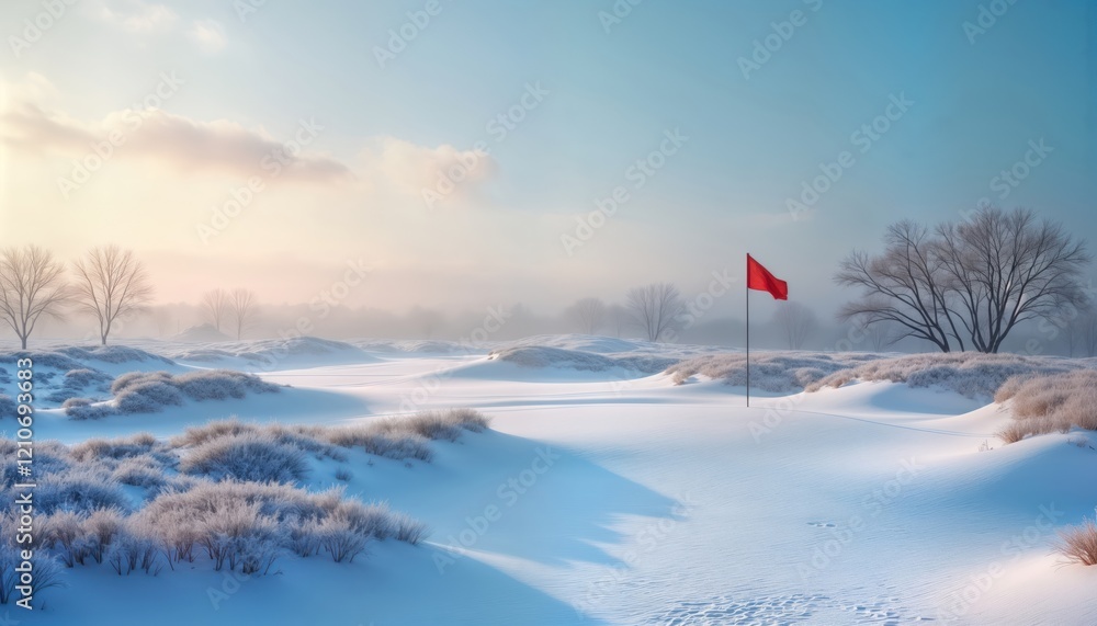 Fototapeta premium Scenic winter golf course covered in snow. Red flag waves gently in the frosty air. Bare trees stand in the background. Frosty landscape. Winter sport scene. Cold serene nature.