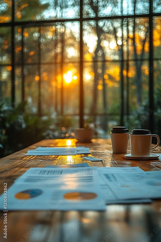 Sunset view from office desk with paperwork and coffee. Sunset view from office desk with paperwork and coffee.