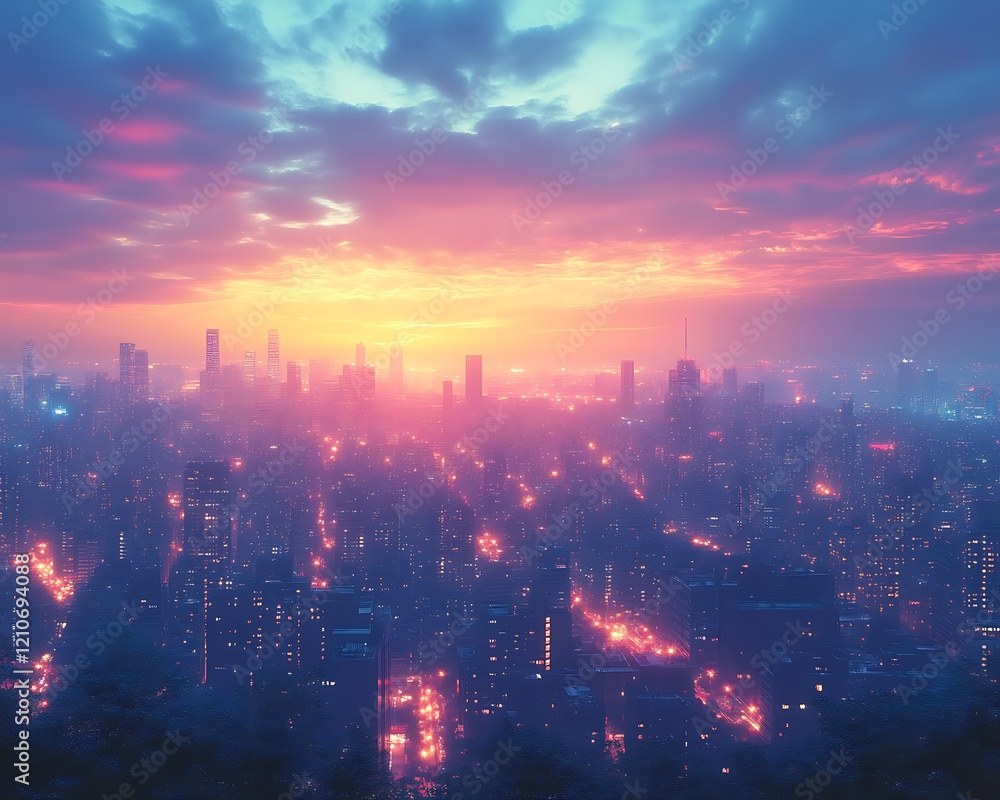 Vibrant sunset over a hazy city skyline. Vibrant sunset over a hazy city skyline.