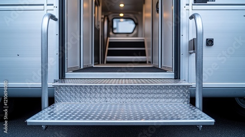 Metal steps leading into a camper van.