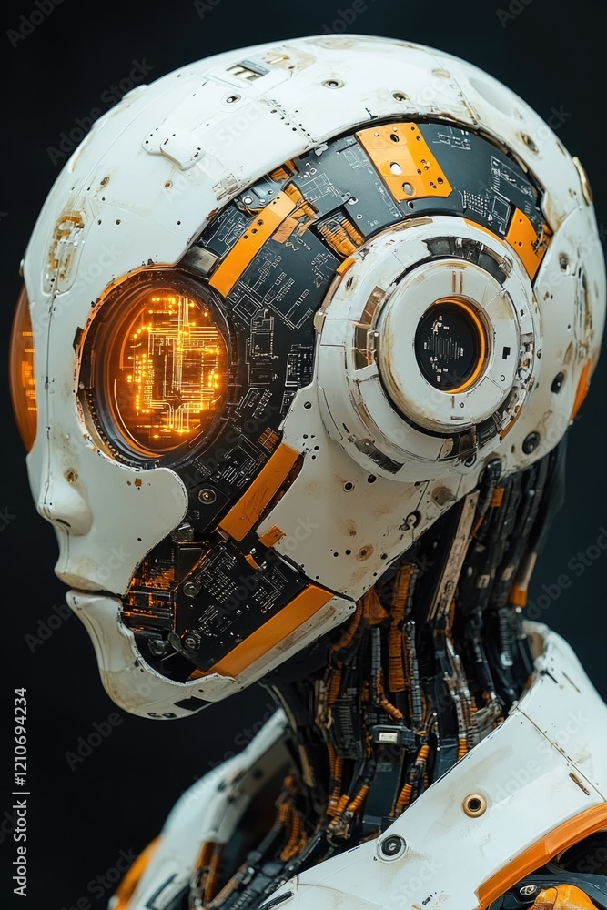 Fototapeta premium A close-up shot of a robot's head with an orange light, suitable for use in technology and innovation-related concepts