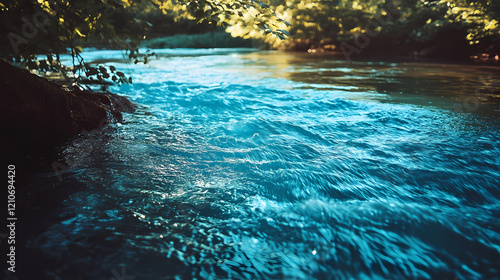 Vintage azure water stream photography: surreal melted liquid, dreamy blue river, abstract flowing water, ethereal blue, retro photo effect. Sapphire River. Illustration photo