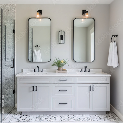 A bathroom with a double vanity, large mirrors, and plenty of storage for a functional and stylish design