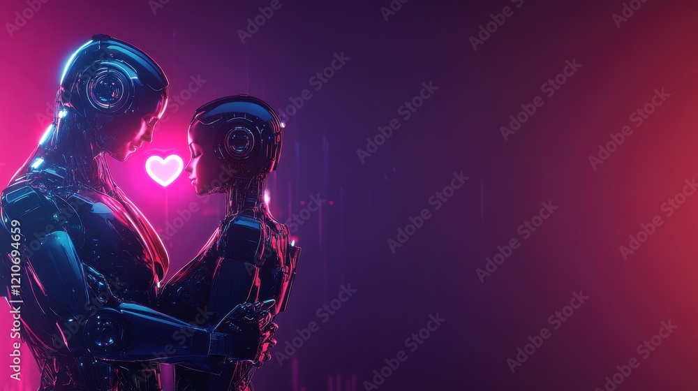 Fototapeta premium Futuristic robots embracing love in neon lights on a dystopian background
