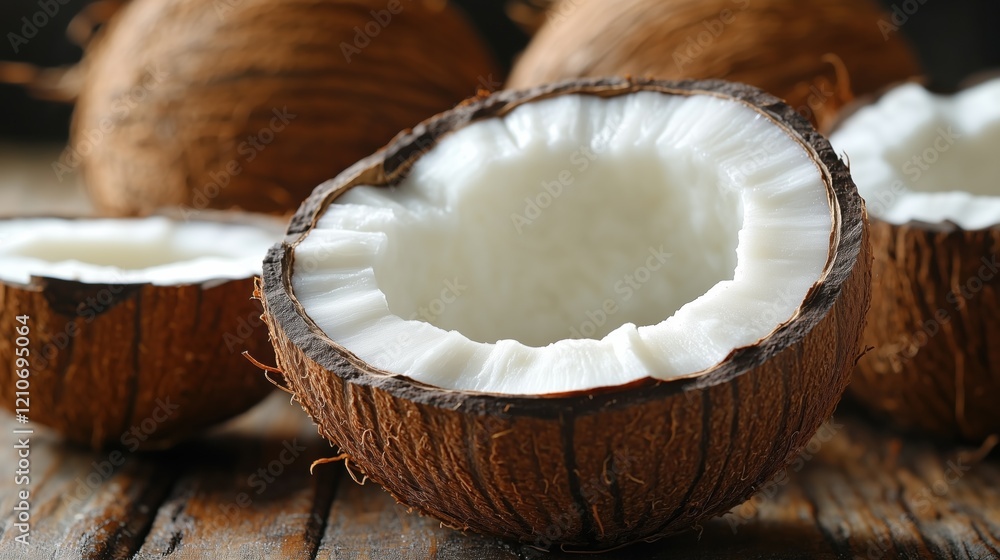 Broken coconuts showing white flesh lying on wooden table Broken coconuts showing white flesh lying on wooden table