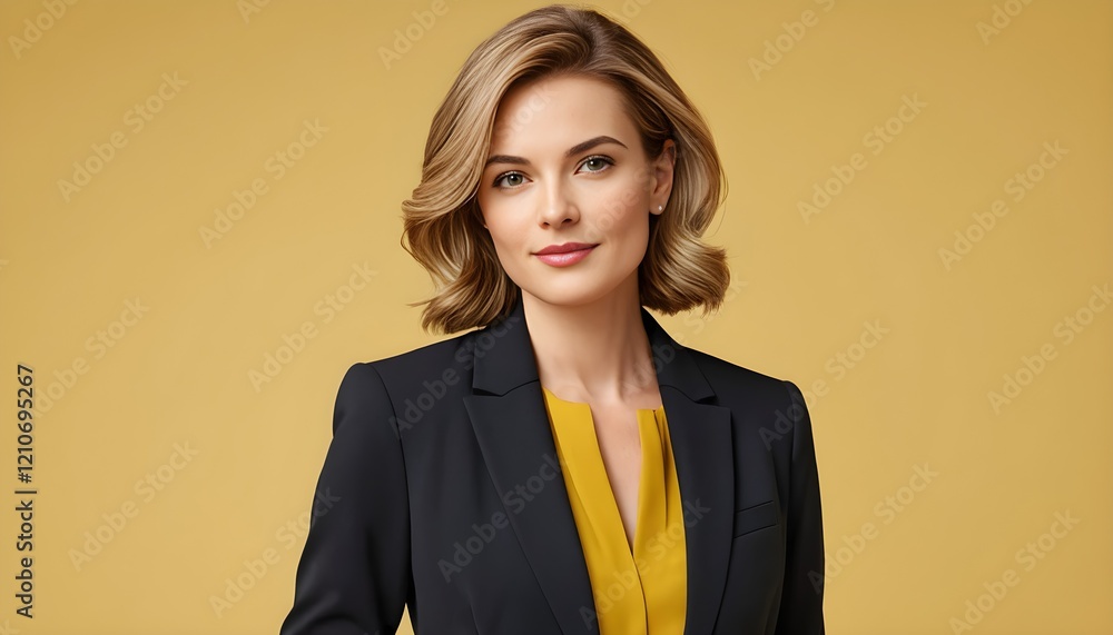 Portrait d'une femme professionnelle élégante sur fond uni jaune vibrant, style moderne et confiant, idéal pour thèmes corporate et marketing. Portrait d'une femme professionnelle élégante sur fond uni jaune vibrant, style moderne et confiant, idéal pour thèmes corporate et marketing.