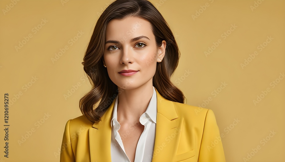 Portrait d'une femme professionnelle élégante sur fond uni jaune vibrant, style moderne et confiant, idéal pour thèmes corporate et marketing. Portrait d'une femme professionnelle élégante sur fond uni jaune vibrant, style moderne et confiant, idéal pour thèmes corporate et marketing.
