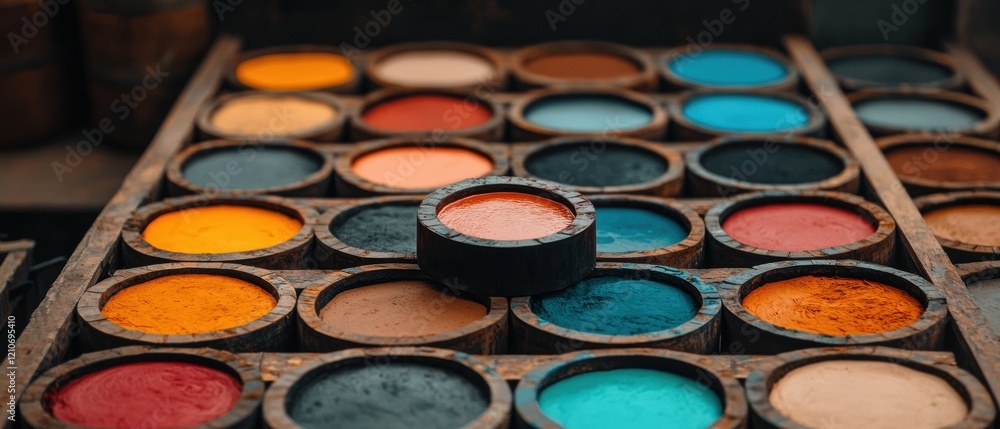A collection of paint pots in various colors, arranged in a grid-like pattern. A collection of paint pots in various colors, arranged in a grid-like pattern.
