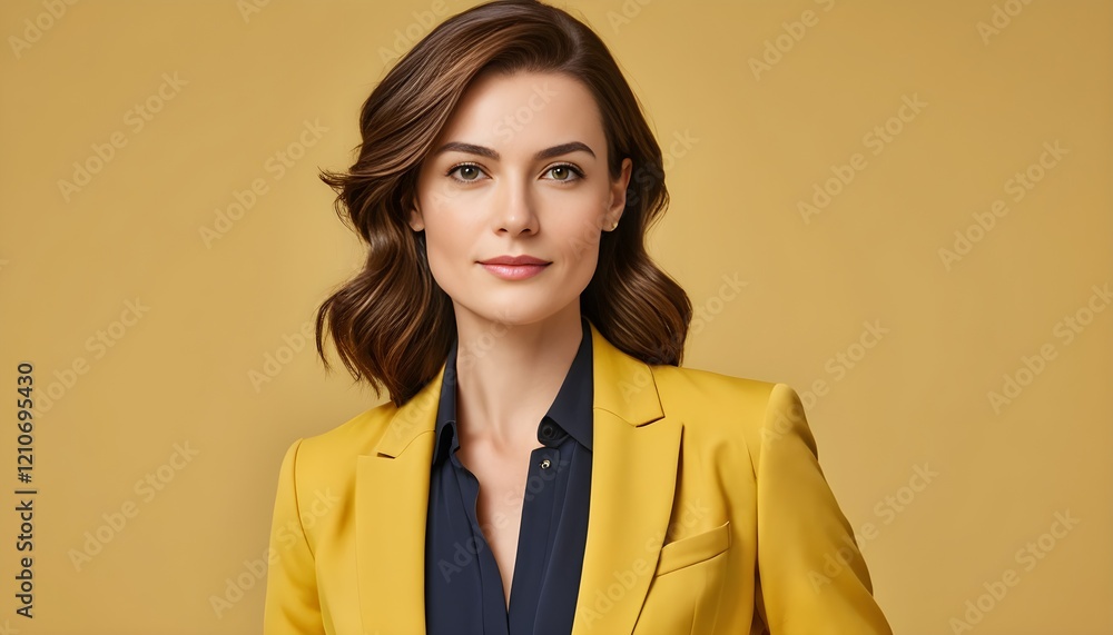 Portrait d'une femme professionnelle élégante sur fond uni jaune vibrant, style moderne et confiant, idéal pour thèmes corporate et marketing. Portrait d'une femme professionnelle élégante sur fond uni jaune vibrant, style moderne et confiant, idéal pour thèmes corporate et marketing.