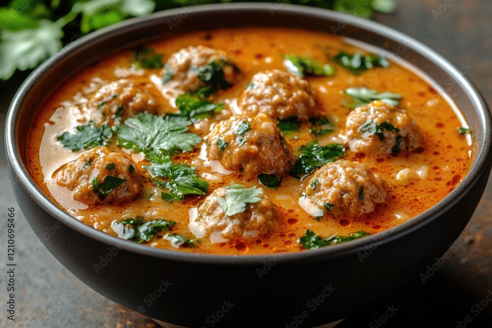 A warm and comforting bowl of meatball soup with green vegetables, perfect for a cozy meal A warm and comforting bowl of meatball soup with green vegetables, perfect for a cozy meal