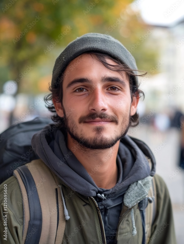 Portrait of smiling young man wearing beanie and backpack outdoors Portrait of smiling young man wearing beanie and backpack outdoors