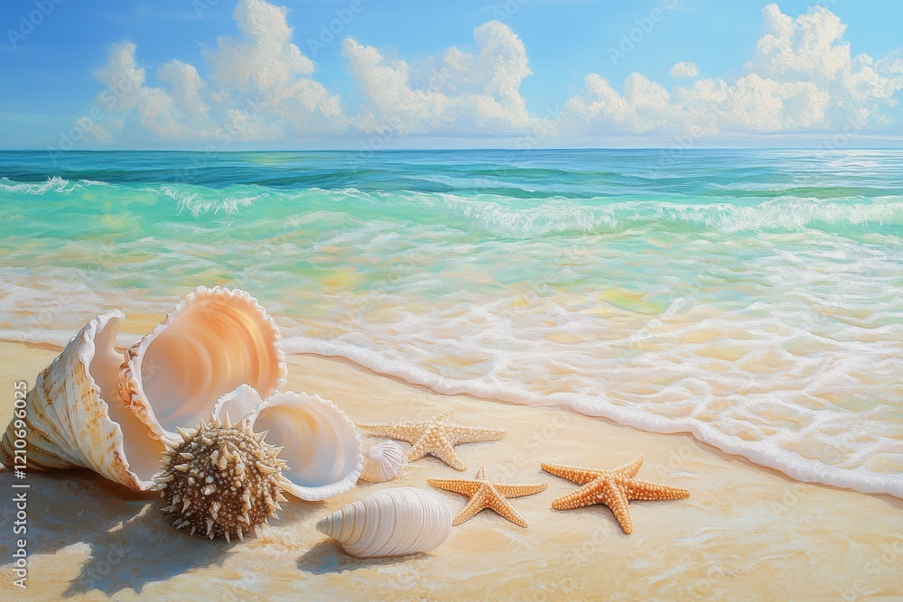 A peaceful beach scene featuring soft golden sand with scattered seashells and starfish in the foreground A peaceful beach scene featuring soft golden sand with scattered seashells and starfish in the foreground